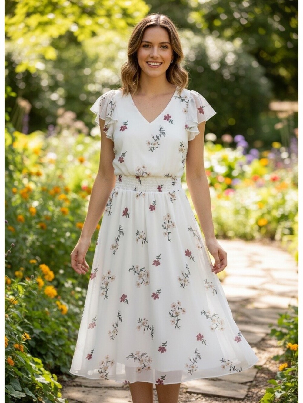 NWOT Vince Camuto FLoral Chiffon Midi Dress - Smocked Waist and Ruffle Sleeve XS